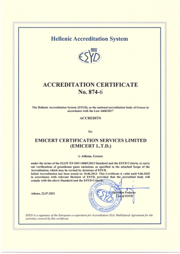 Accredidation Certificate No. 874-6