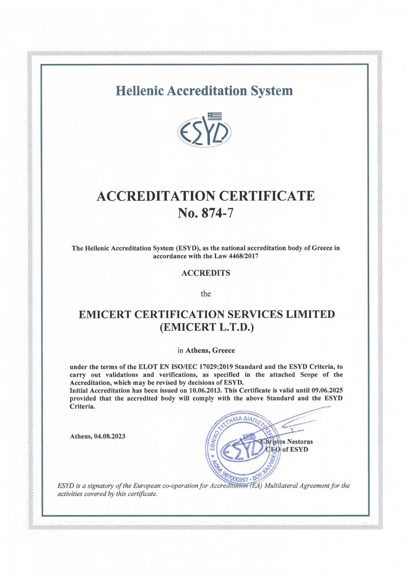 Accreditation Certificate No. 874-7